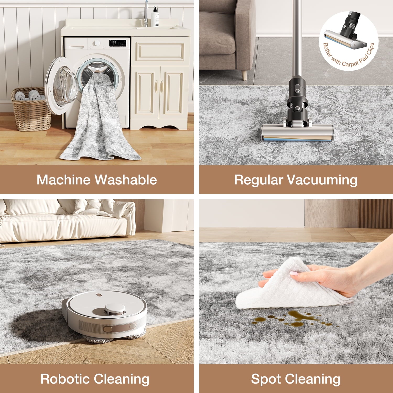 2'x6' Runner Rug for Hallway, NovDeco Washable Indoor Rug Neutral Abstract Light Gray, Low Pile & Stain Resistant Carpet for Kitchen Bedside Laundry