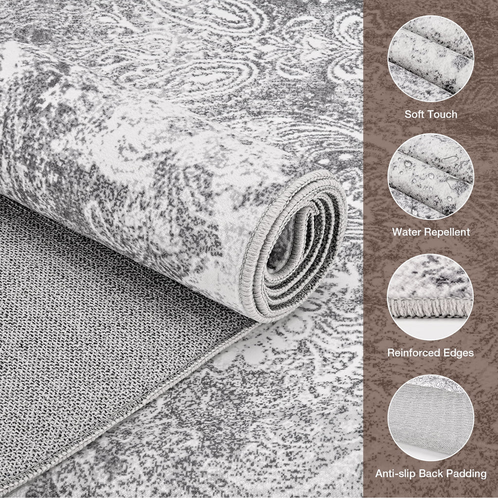 2'x6' Runner Rug for Hallway, NovDeco Washable Indoor Rug Neutral Abstract Light Gray, Low Pile & Stain Resistant Carpet for Kitchen Bedside Laundry