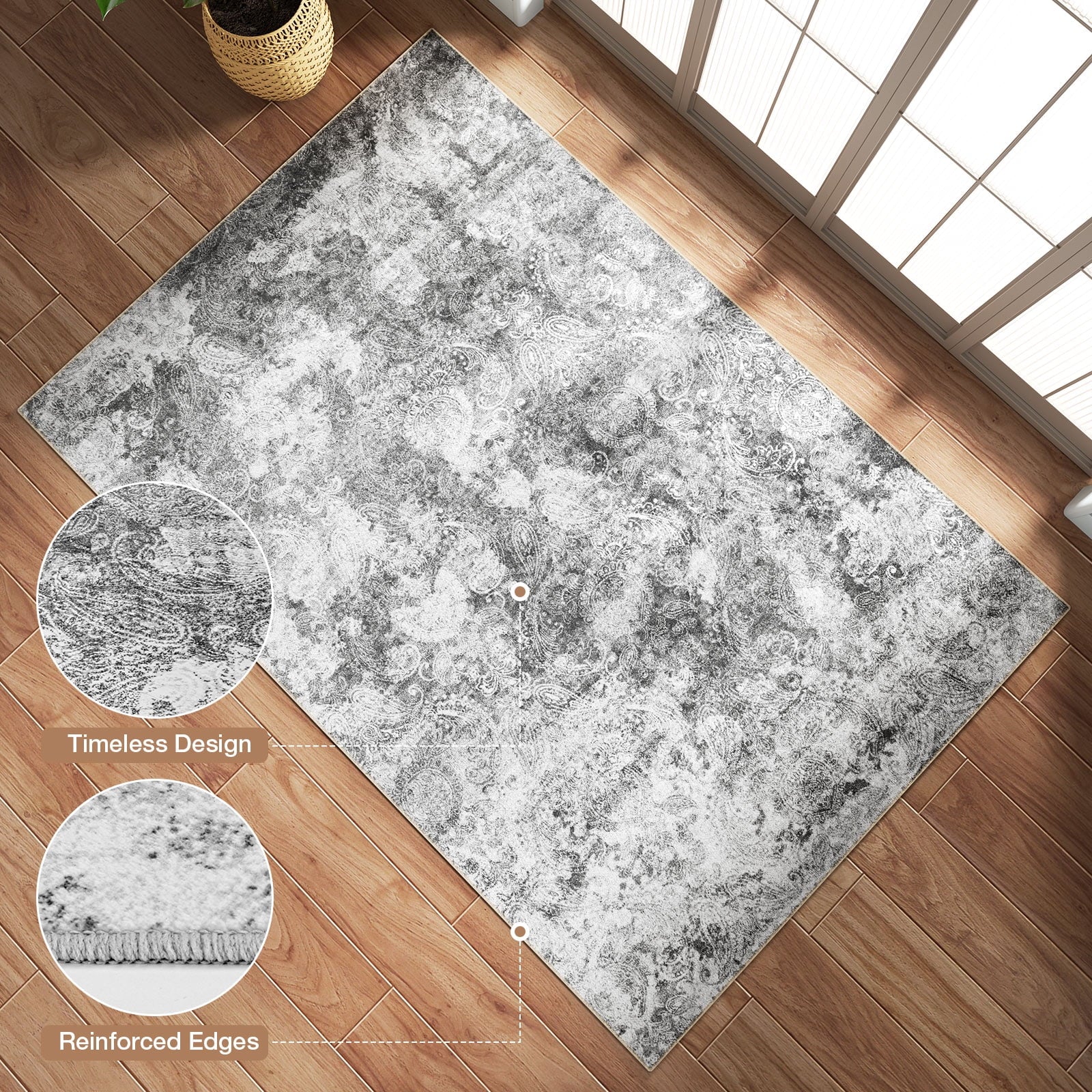 2'x6' Runner Rug for Hallway, NovDeco Washable Indoor Rug Neutral Abstract Light Gray, Low Pile & Stain Resistant Carpet for Kitchen Bedside Laundry