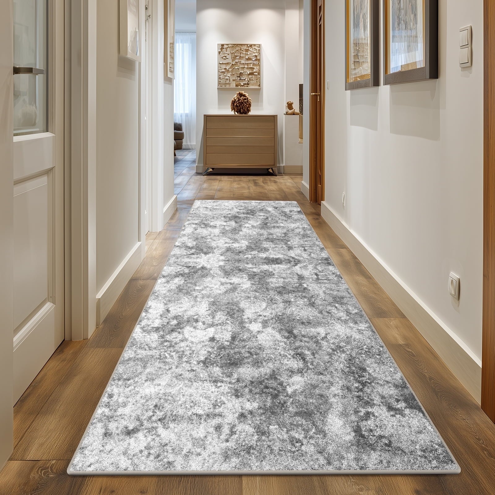 2'x6' Runner Rug for Hallway, NovDeco Washable Indoor Rug Neutral Abstract Light Gray, Low Pile & Stain Resistant Carpet for Kitchen Bedside Laundry