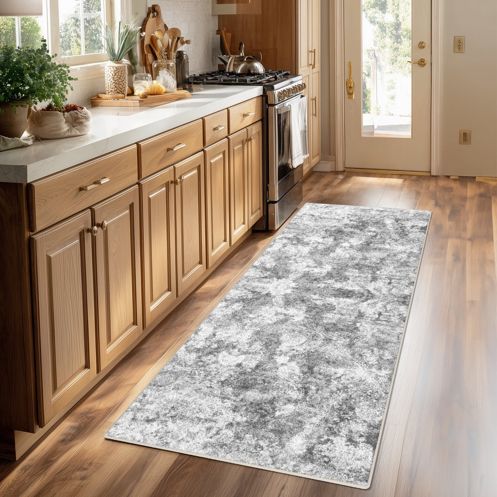 2'x6' Runner Rug for Hallway, NovDeco Washable Indoor Rug Neutral Abstract Light Gray, Low Pile & Stain Resistant Carpet for Kitchen Bedside Laundry