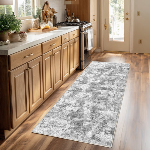 2'x6' Runner Rug for Hallway, NovDeco Washable Indoor Rug Neutral Abstract Light Gray, Low Pile & Stain Resistant Carpet for Kitchen Bedside Laundry