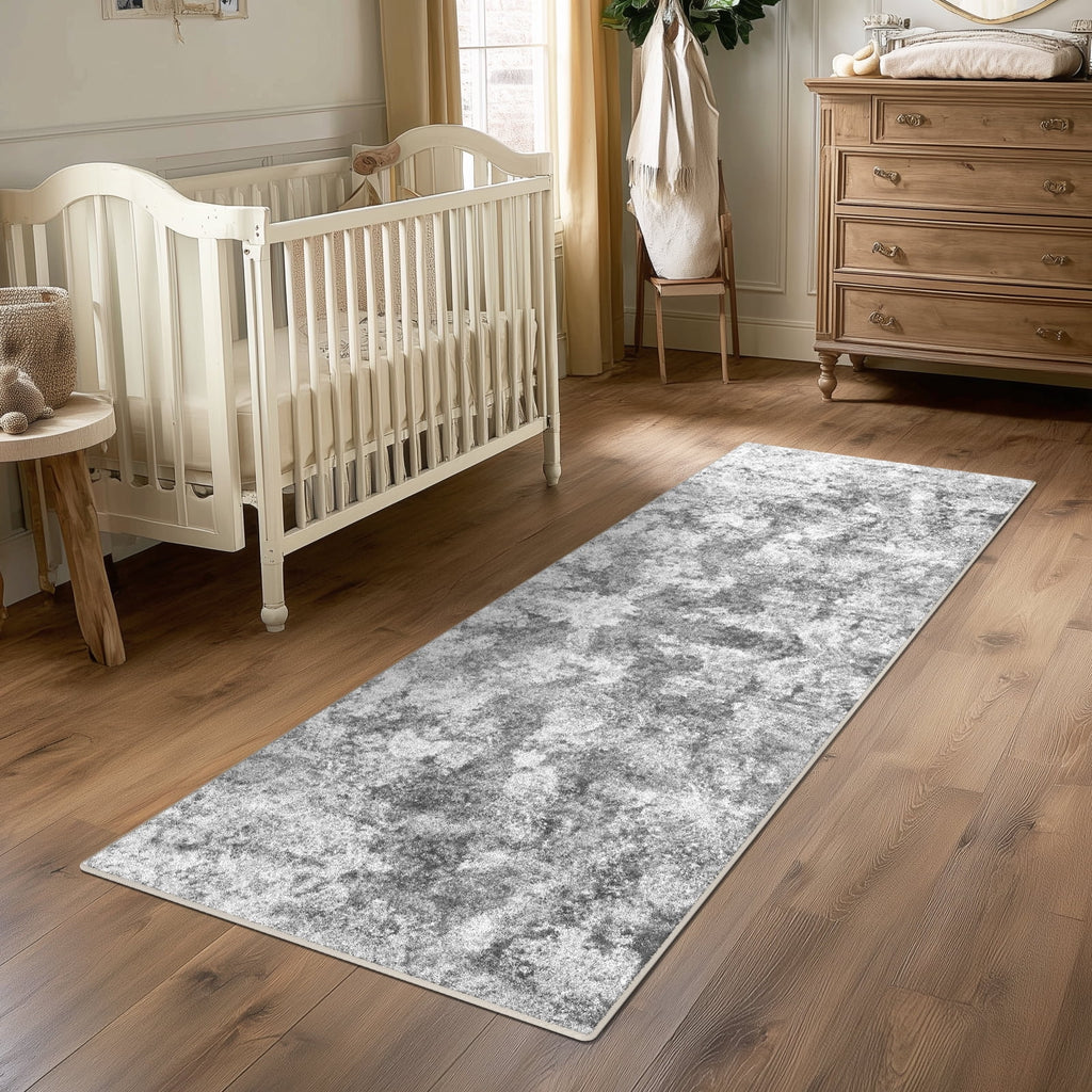 2'x6' Runner Rug for Hallway, NovDeco Washable Indoor Rug Neutral Abstract Light Gray, Low Pile & Stain Resistant Carpet for Kitchen Bedside Laundry